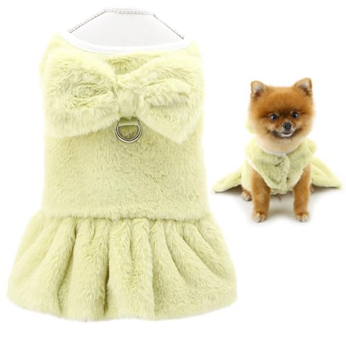 Plüsch-Fleece-Hundekleid für kleine Hunde, solider Haustierrock mit D-Ring und Schleife, Thermo-Weste für Winter, Herbst, Welpen, warm, gemütlich, Chihuahua, Yorkie, Grün, Größe S von LAIBUY