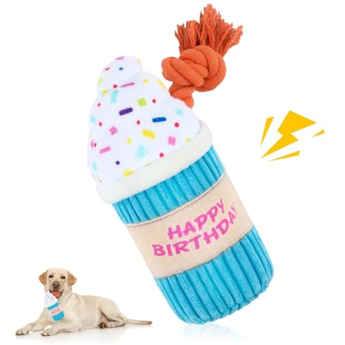 Plüsch Geburtstag Ballon Hundespielzeug mit Seilbein, Weiches Quietschspielzeug für Spaß, Langlebiges Kauspielzeug für Hunde Geburtstagsgeschenk Tug of War Hundespielzeug zum Spielen und Interaktion von LAIBUY