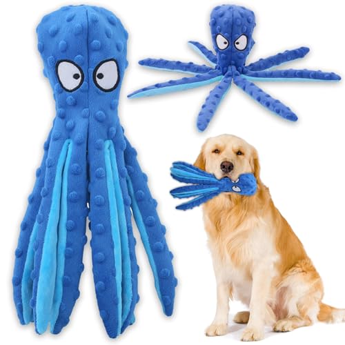 Quietschendes interaktives Hundespielzeug, keine Füllung, Oktopus, Kauspielzeug mit Knisterpapier für mittelgroße und große Hunde (blau) von LAIBUY