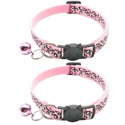 Reflektierendes Katzenhalsband mit Glöckchen, Leopardenmuster, niedliches Kätzchen, verstellbar, 19,1 - 32,5 cm, sicheres Kätzchen-Halsband, Charm-Anhänger (Rosa), 2 Stück von LAIBUY