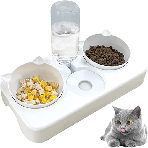 Wasser- und Futternäpfe Katze, 3-in-1, automatischer Wasserspender, Futterspender, Haustier-Set, 0–8° verstellbar, geneigt, perfekte Futternäpfe für Haustiere (weiß) von LAIBUY