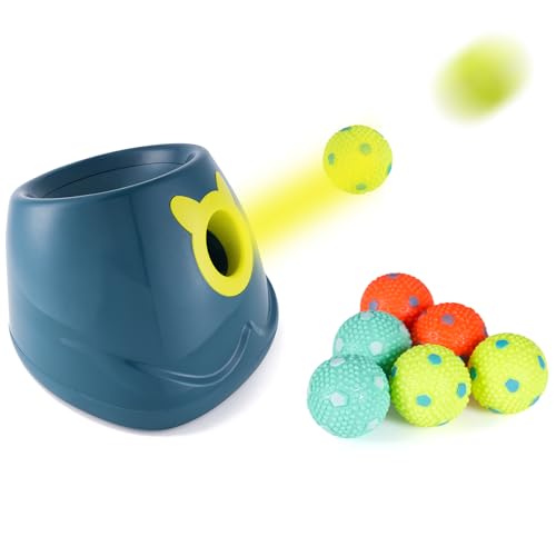 Automatischer Ballwerfer, 4 Startdistanz-Modi, 6 Stück, 5,1 cm, kleine gepunktete Latexbälle enthalten, geeignet für kleine bis mittelgroße Hunde (blau) von LAKAYA