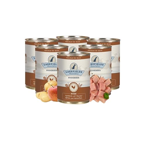 Lakefields - Premium Hundefutter Nass, Huhn 61%, getreidefreies Nassfutter für Hunde, Dosenfleisch-Menü mit Hühnerfleisch, Fenchel, Karotten, Kartoffeln und Apfel, schonend gegart, 6 x 400g von Lakefields