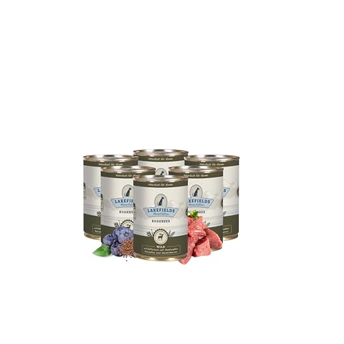 Lakefields - Premium Hundefutter Nass - Wild 59%, getreidefreies Nassfutter für Hunde, Dosenfleisch-Menü mit Wildfleisch, Karotte, Kartoffeln und Heidelbeeren, schonend gegart, 6 x 400g Lakefields - Premium Hundefutter Nass - Wild 59%, getreidefreies Nassfutter für Hunde, Dosenfleisch-Menü mit Wildfleisch, Karotte, Kartoffeln und Heidelbeeren, schonend gegart, 6 x 400g von Lakefields