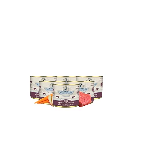 Lakefields - Premium Hundefutter Nass - Rind 61%, getreidefreies Nassfutter für Hunde, Dosenfleisch-Menü mit Rindfleisch, Äpfeln, Zucchini, Karotten & Kräutern, schonend gegart, 6 x 200g von Lakefields