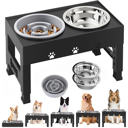 Erhöhte Hundenäpfe mit langsamem Futterspender und 2 Edelstahl-Futternäpfen, 5 Höhen, verstellbarer erhöhter Hundenapfständer, rutschfester Hunde-Futterspender verstellbar auf 7,9 cm, 22,9 cm, 25,4 Erhöhte Hundenäpfe mit langsamem Futterspender und 2 Edelstahl-Futternäpfen, 5 Höhen, verstellbarer erhöhter Hundenapfständer, rutschfester Hunde-Futterspender verstellbar auf 7,9 cm, 22,9 cm, 25,4 von LAKIPETN