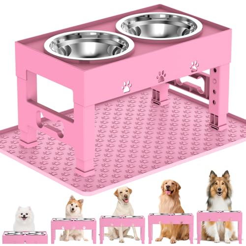 LAKIPETN Erhöhte Hundenäpfe mit Matte, erhöhter Futternapfständer für Hunde mit 2 Edelstahlnäpfen, 5-fach höhenverstellbar (7,9 cm, 22,9 cm, 25,4 cm, 27,9 cm, 30,5 cm), rutschfestes Futterset für von LAKIPETN