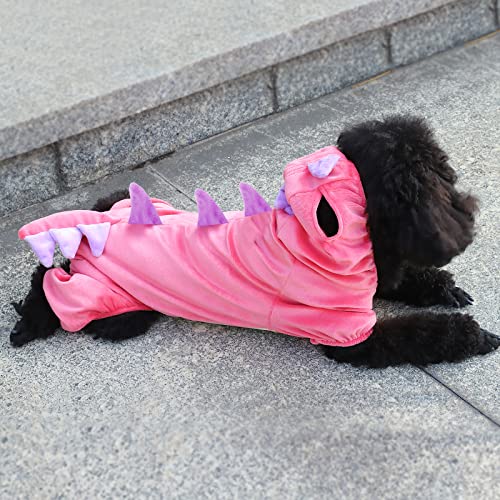 Hunde-Dinosaurier-Kostüm für kleine Hunde, lustiges Welpen-Kostüm, bequemer Haustier-Dino-Hoodie, warme, leichte Winterkleidung für Halloween (Rosa, L) von LAKWAR