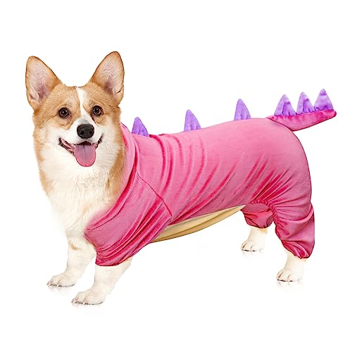 Hunde-Dinosaurier-Kostüm für kleine Hunde, lustiges Welpen-Kostüm, bequemer Haustier-Dino-Hoodie, warme, leichte Winterkleidung für Halloween (Rosa, XL) von LAKWAR