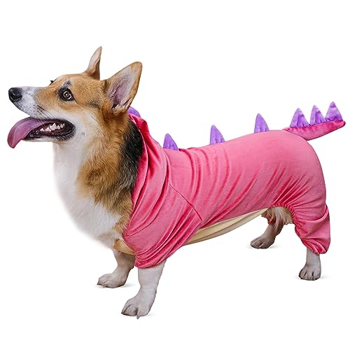Hunde-Dinosaurier-Kostüm für kleine Hunde, lustiges Welpen-Kostüm, bequemer Haustier-Dino-Hoodie, warme, leichte Winterkleidung für Halloween (Rosa,3XL) von LAKWAR