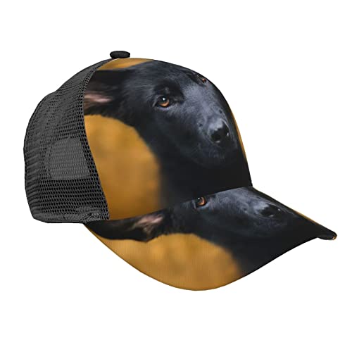LAMAME Baseballkappe mit gebogener Krempe, verstellbar, Netzstoff, Motiv: schwarzer Schäferhund, lässige Kopfbedeckung von LAMAME