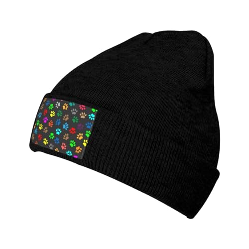 LAMAME Bunte Hundepfote Druck Schwarz Gedruckt Mode Strickmütze Warme Wollmütze Lässige Beanie Hut, Schwarz , 5-8 von LAMAME