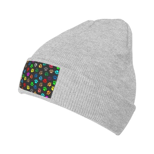 LAMAME Bunte Hundepfote Druck Schwarz Gedruckt Mode Strickmütze Warme Wollmütze Lässige Beanie Hut, grau, 5-8 von LAMAME