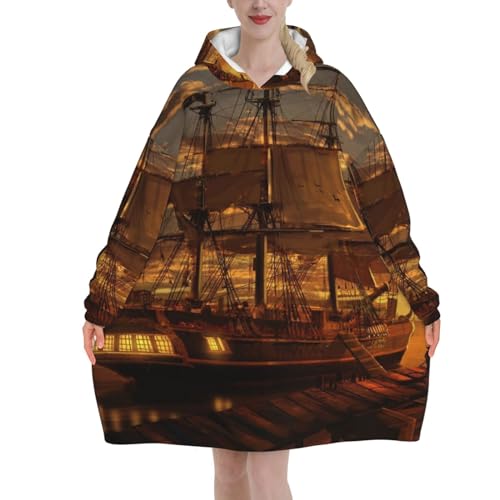 LAMAME Fantasy Piratenschiff bedruckte übergroße Kapuzendecke Decke Hoodie Große Tasche Kapuzendecke von LAMAME