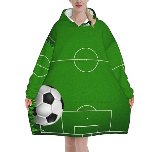 LAMAME Grünes Grasfeld Fußball Spielplatz Der Ball gedruckt Übergroße Kapuze Decke Decke Hoodie Große Tasche Kapuzendecke von LAMAME
