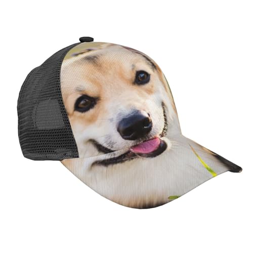 LAMAME Happy Corgi Baseballkappe mit gebogener Krempe, verstellbare Netzkappe, lässige Kopfbedeckung von LAMAME