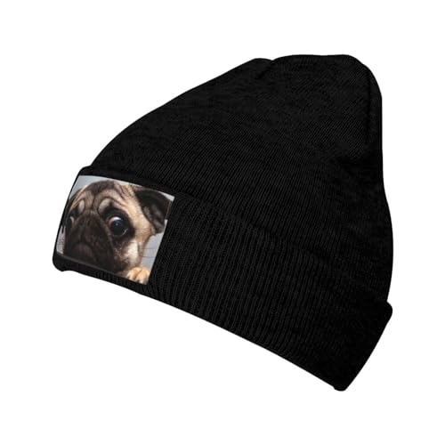 LAMAME Nette Haustier Mops gedruckt Mode Strickmütze Warme Wollmütze Casual Beanie Hut von LAMAME