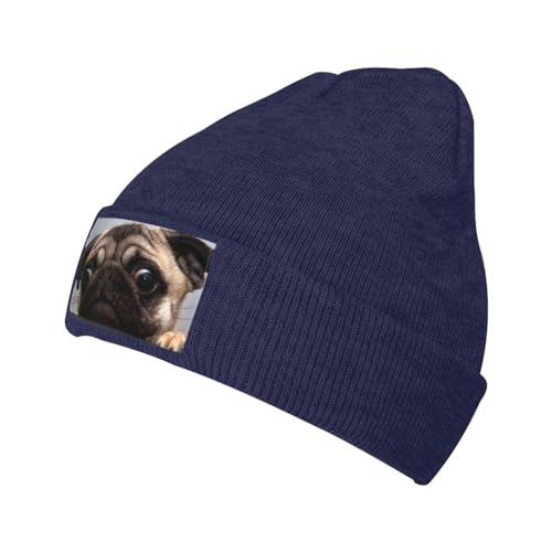 LAMAME Nette Haustier Mops gedruckt Mode Strickmütze Warme Wollmütze Casual Beanie Hut von LAMAME