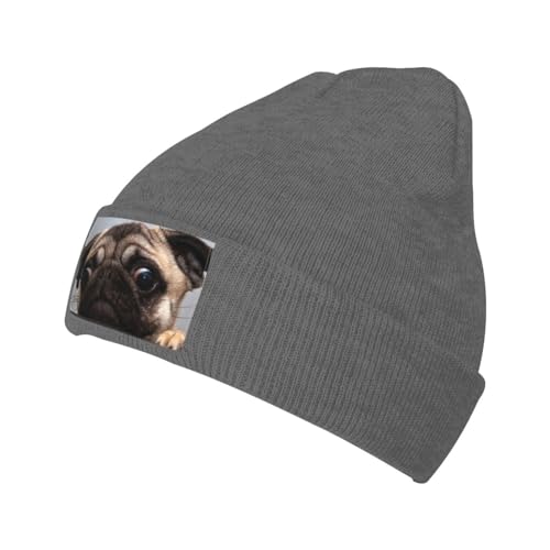 LAMAME Nette Haustier Mops gedruckt Mode Strickmütze Warme Wollmütze Casual Beanie Hut von LAMAME