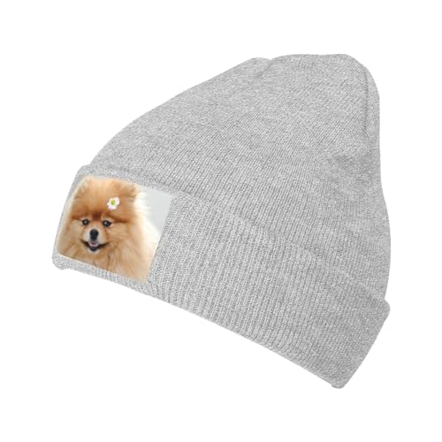 LAMAME Pomeranian Hund Gedruckt Gestrickte Fleece Kappe Modische krempenlose Kappe Warme Beanies, grau, 5-8 von LAMAME