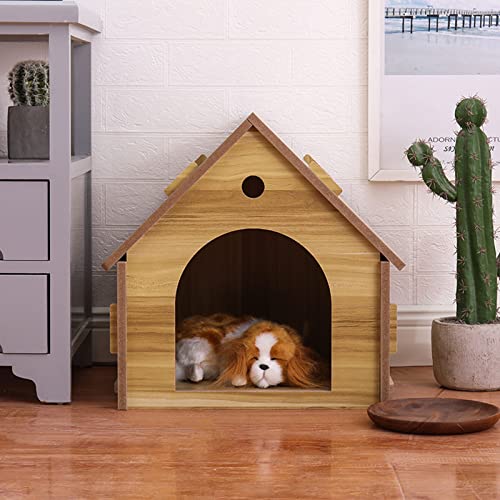 Abnehmbares Katzen- und Hundehaus aus Holz, kleines und mittelgroßes Haustiernest mit Fenster, kleines Haus, geeignet für drinnen und draußen (Log Color 50 * 44 * 51CM) von LANAZU