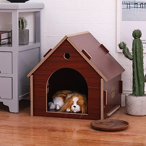 Abnehmbares Katzen- und Hundehaus aus Holz, kleines und mittelgroßes Haustiernest mit Fenster, kleines Haus, geeignet für drinnen und draußen (Teak Color 39 * 42 * 42CM) von LANAZU