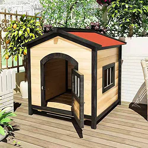 Hundehütte aus Holz für den Außenbereich, Unterschlupf für kleine Haustiere, gestaltete Hundehütte mit Türen und Fenstern, geeignet für kleine und mittelgroße Hunde (25.6x21.6x25.6) von LANAZU
