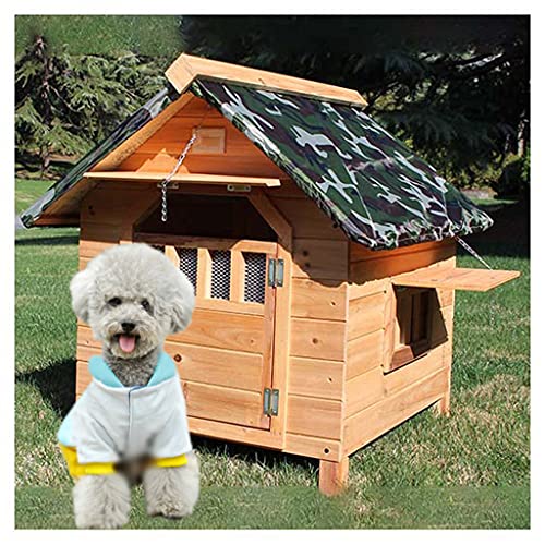 Hundehütte aus Holz im Freien, große Haustiervilla im Freien, Vier-Jahreszeiten-Hundehütte mit Regenschutz, geeignet für Gärten, Innenhöfe (77×88×81cm) von LANAZU