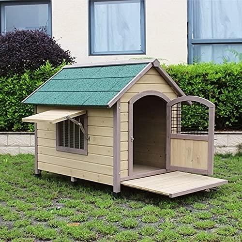 Hundehütte für den Innen- und Außenbereich mit Tür, Haustierhütte aus Holz mit Sonnenschutzfenster, Tierheim, geeignet für kleine und mittelgroße Haustiere (27.9x21.6x27.5) von LANAZU