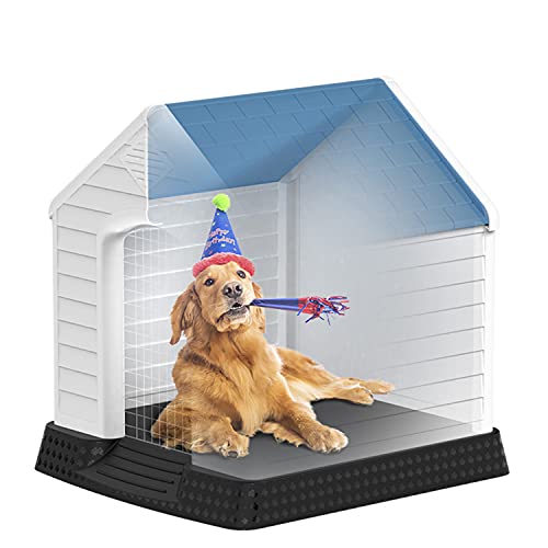 Riesige Hundehütte aus Kunststoff, Haustierhütte im Freien, Kiste mit erhöhtem Boden, für alle Jahreszeiten, geeignet für mittlere und große Haustiere von LANAZU