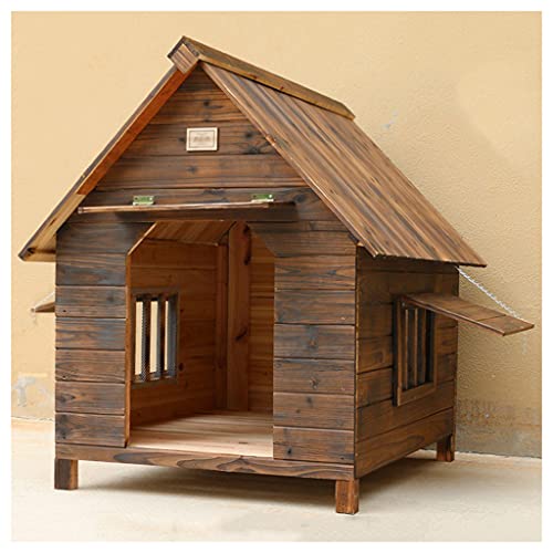 Wetterfeste große Hundehütte, Outdoor-Hundehütte aus Holz mit Doppelfenstern, Haustierbox für kleine, mittlere und große Haustiere (34.64×30.31×31.88in) von LANAZU