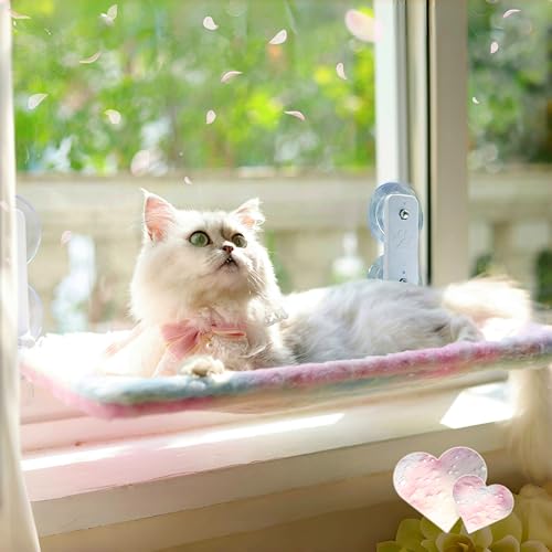 Kabellose Katzen-Fensterstange und -bett zum Aufhängen, stabile und faltbare Katzenfensterhängematte, Katzenfenstersitz für den Innenbereich mit 4 Saugnäpfen, doppelseitiger farbiger Samtstoff, groß von LANERmooos