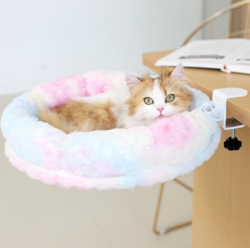 LANERmooos Katzen-Schreibtischbett – Faltbare Doppel-Klemmhalterung für die Verwendung oben und unter dem Schreibtisch, Gänsedaunen und Netzgewebe, Kühlkissen im Lieferumfang enthalten, hält bis zu 18 von LANERmooos
