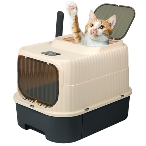 Geschlossene Katzentoilette für Katzen, Toilettenhaus, abnehmbares Tablett, Schaufel für große Katzen, Tragfähigkeit 15 kg, auslaufsicher, großes Toilettenhaus, 37 x 49 x 37 cm (schwarz) von LANTUS