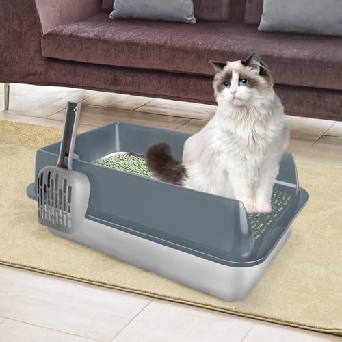 Katzentoilette aus Edelstahl, wasserdicht und kippsicher, für Katzen, halbgeschlossen, 60 x 40 x 30 cm (große Größe), grau von LANTUS