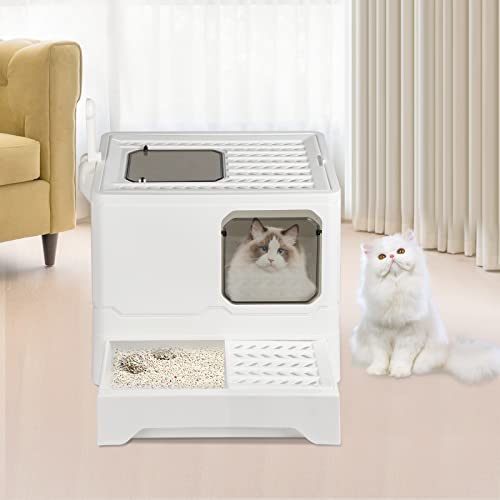 Katzentoilette für Katzen, großes Katzentoilette, faltbar, mit Deckel, Schublade und Katzenstreuschaufel, tragbar, WC für Katzen mit Deckel für Groß und Klein, 45 x 35 x 38 cm, PP, Weiß von LANTUS