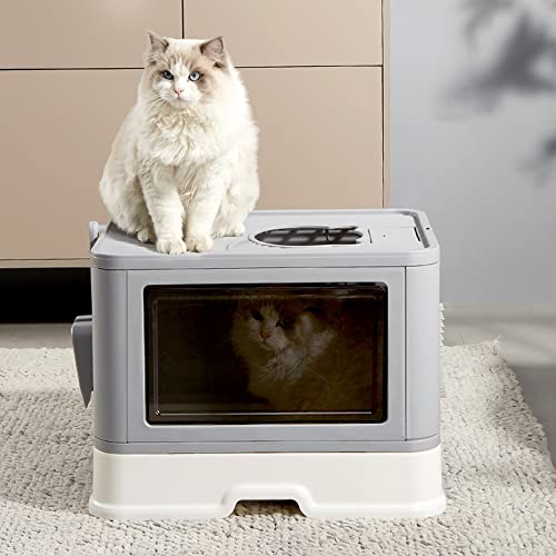 Katzentoilette groß, faltbar, mit Deckel, Schublade und Schaufel, tragbar, WC für große und kleine Katzen (48,5 x 36,5 x 38 cm – Grau) von LANTUS