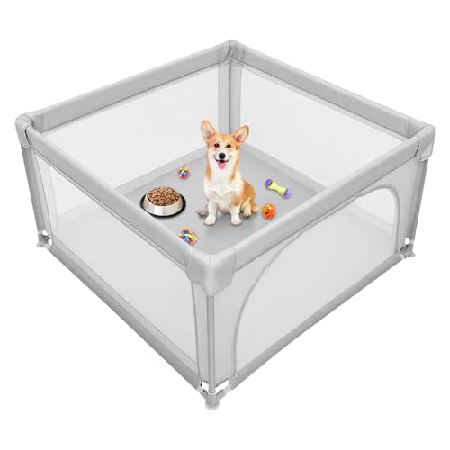 Welpenlaufstall mit Tür, Laufstall für Welpen oder kleine Hunde, robuster Zaun aus dickem Stoff und Netz aus Nylon, hohe Widerstandsfähigkeit, maschinenwaschbar, innen/außen, 120 x 120 x 66 cm von LANTUS