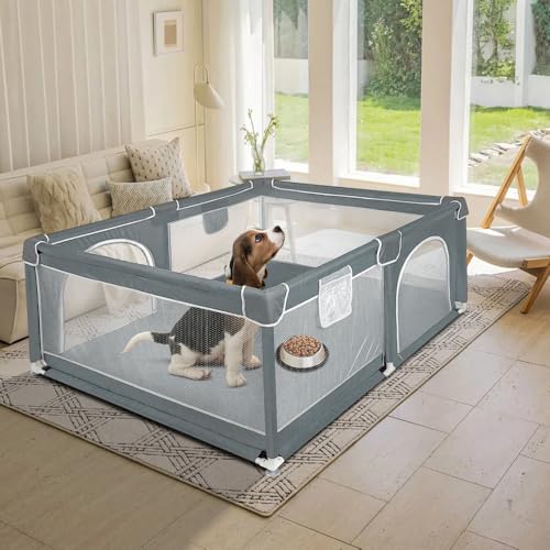 Welpenlaufstall mit Tür, Laufstall für Welpen oder kleine Hunde, robuster Zaun aus dickem Stoff und Netz aus Nylon, hohe Widerstandsfähigkeit, maschinenwaschbar, innen/außen, 120 x 160 x 66 cm von LANTUS