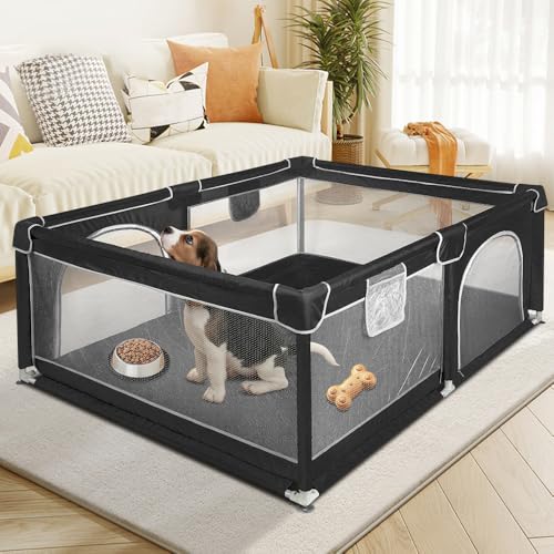Welpenlaufstall mit Tür, Laufstall für Welpen oder kleine Hunde, robuster Zaun aus dickem Stoff und Netz aus Nylon, hohe Widerstandsfähigkeit, maschinenwaschbar, innen/außen, 120 x 160 x 66 cm von LANTUS