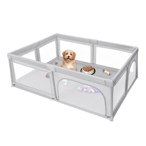 Welpenlaufstall mit Tür, Laufstall für Welpen oder kleine Hunde, robuster Zaun aus dickem Stoff und Netz aus Nylon, hohe Widerstandsfähigkeit, maschinenwaschbar, innen/außen, 205 x 147 x 66 cm von LANTUS