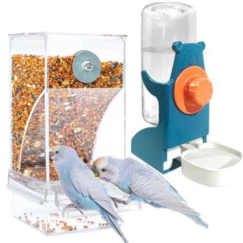 No Mess Vogelfutterspender Wasserspender Set – Automatischer Papageienfutterspender Käfig Zubehör, durchsichtiger Sittichsamenbehälter, Futtertränke für Käfig, Nymphensittiche, Finken, Lovebirds von LANYOTA