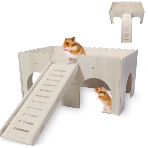 LANZLC Meerschweinchen Haus mit Rampe, 4 Eingänge Holz Meerschweinchenhaus Meerschweinchen Spielzeug Zubehoer, Kaninchenhaus, Nagerhaus für Kleine Haustiere Zwerghamster Rennmäuse Degus Stachelmäuse von LANZLC