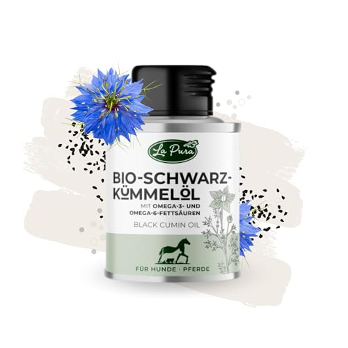 LaPura Schwarzkümmelöl Bio für Hunde & Pferde - 100% natürlich, kaltgepresst, für Fell, Immunsystem & Verdauung, Barf-Ergänzung, Futteröl 100 ml von LAPURA