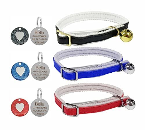 Hundehalsband aus Leder mit Sicherheitsgummi, Glocke und personalisierbarer Herzmarke (blau) von LARRYROO