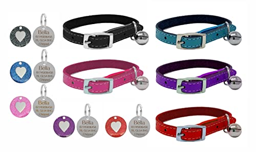 Hundehalsband aus echtem Leder, mit Sicherheitsgummi, Glocke und personalisierbarer Herzmarke (schwarz) von LARRYROO