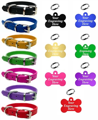Hundehalsband aus lebendigem Leder für Welpen, Hunde, klein, mittel und groß, mit personalisierbarer Gravur, buntes knochenförmiges Etikett (Medium (28 cm – 36 cm Hals), Blau) von LARRYROO