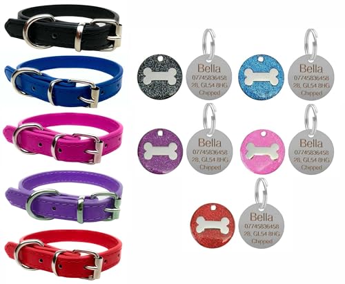 Hundehalsband aus lebendigem Leder für Welpen, Hunde, klein, mittel und groß, mit personalisierbarer Gravur, runder Glitzer-Knochenmarke, Größe M (28 cm – 36 cm Hals), Schwarz von LARRYROO