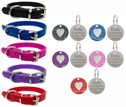 Hundehalsband aus lebendigem Leder für Welpen, Hunde, klein, mittel und groß, mit personalisierbarer Gravur, rundes Glitzer-Herzanhänger, Größe M (28 cm – 36 cm Hals), Schwarz von LARRYROO