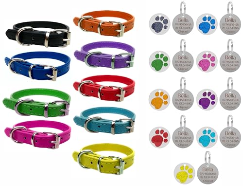 Hundehalsband aus lebendigem Leder für Welpen, Hunde, klein, mittel und groß, mit personalisierbarer Gravur, rundes Glitzerpfotenabdruck-Tag (klein (27 cm – 33 cm Hals), Rot von LARRYROO